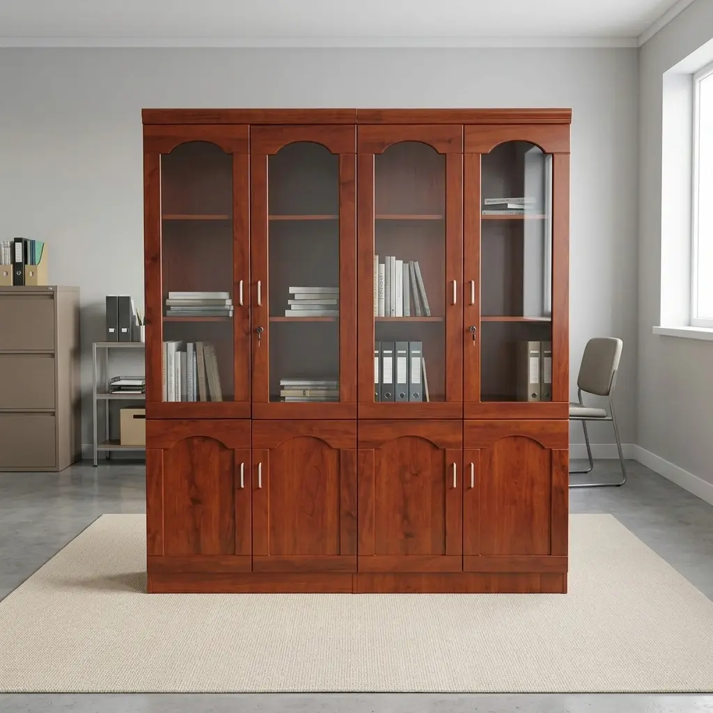 4-door wooden filing cabinet featuring a warm mahogany wood finish, upper display sections with four arched glass-front doors and interior shelving, lower storage compartments with four matching solid wooden doors, and sleek metallic vertical handles.