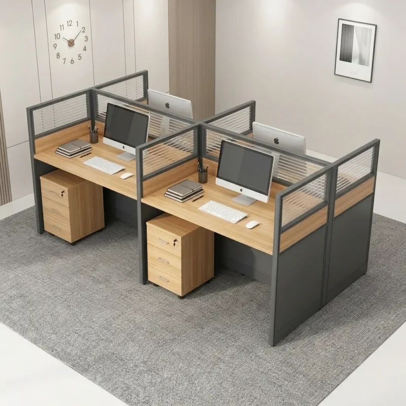 4-seater office workstation featuring four natural oak wood-grain desktops arranged in a pod cluster, integrated dark grey aluminum-framed partition panels with frosted glass top inserts, and individual lockable 3-drawer mobile pedestal cabinets for each station.