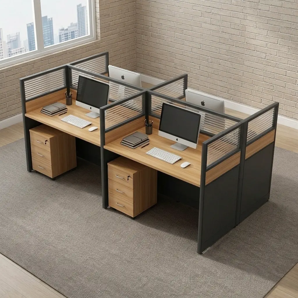 4-seater office workstation featuring four natural oak wood-grain desktops arranged in a pod cluster, integrated dark grey aluminum-framed partition panels with frosted glass top inserts, and individual lockable 3-drawer mobile pedestal cabinets for each station.