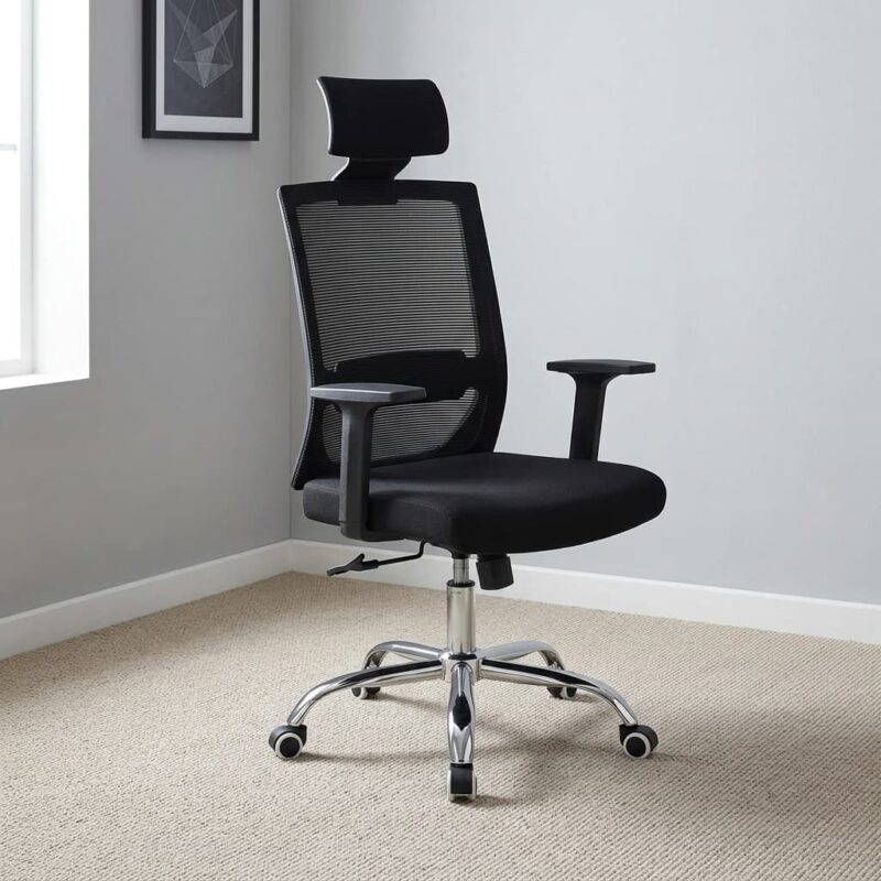 Swivel chair with adjustable armrests featuring a breathable black mesh backrest, adjustable headrest pillow, padded fabric seat cushion, height-adjustable T-style armrests, pneumatic height adjustment lever, and a heavy-duty chrome five-star base with smooth-rolling dual-wheel casters.