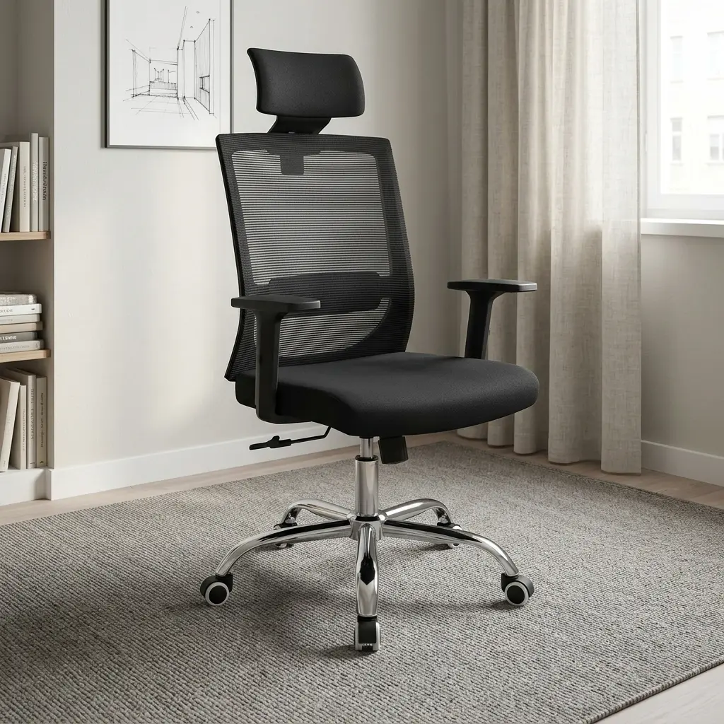 Swivel chair with adjustable armrests featuring a breathable black mesh backrest, adjustable headrest pillow, padded fabric seat cushion, height-adjustable T-style armrests, pneumatic height adjustment lever, and a heavy-duty chrome five-star base with smooth-rolling dual-wheel casters.