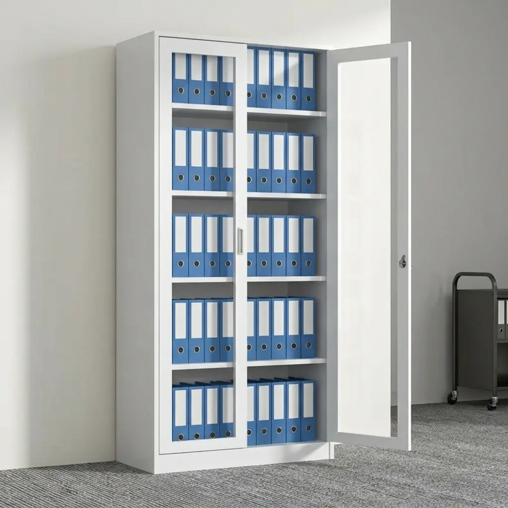 Full glass office file cabinet featuring dual white framed tempered glass swing doors, five spacious interior shelf tiers, vertical recessed door handles, and a durable white powder-coated steel frame.