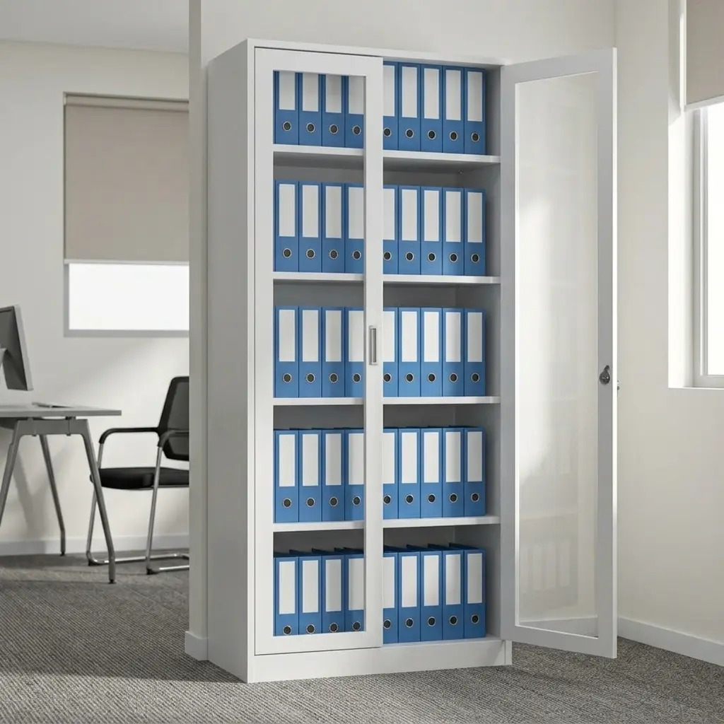 Full glass office file cabinet featuring dual white framed tempered glass swing doors, five spacious interior shelf tiers, vertical recessed door handles, and a durable white powder-coated steel frame.