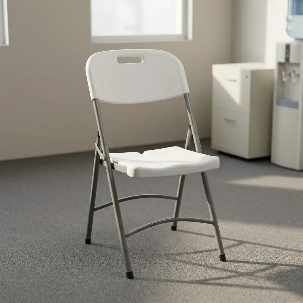 Plastic white foldable chair featuring a molded high-density resin seat and backrest, an integrated handle cutout for easy transport, ergonomic seat contouring, and a grey powder-coated tubular steel frame with protective non-marring foot caps.
