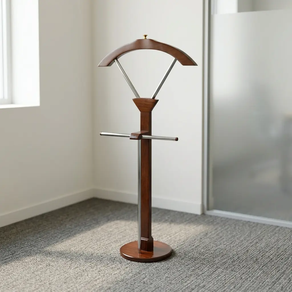 Office executive coat hanger featuring a rich espresso/walnut-finished solid wood frame, contoured suit jacket hanger top with brass accent finial, integrated metallic trouser bar, chrome support struts, and a sturdy circular pedestal base.