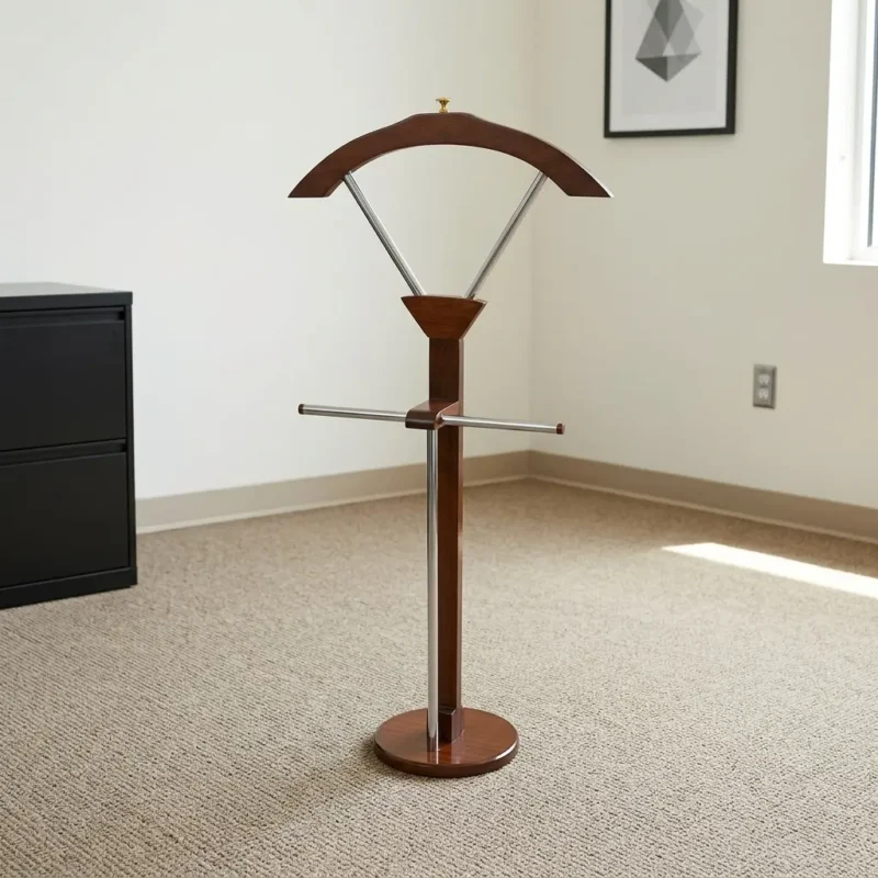 Office executive coat hanger featuring a rich espresso/walnut-finished solid wood frame, contoured suit jacket hanger top with brass accent finial, integrated metallic trouser bar, chrome support struts, and a sturdy circular pedestal base.