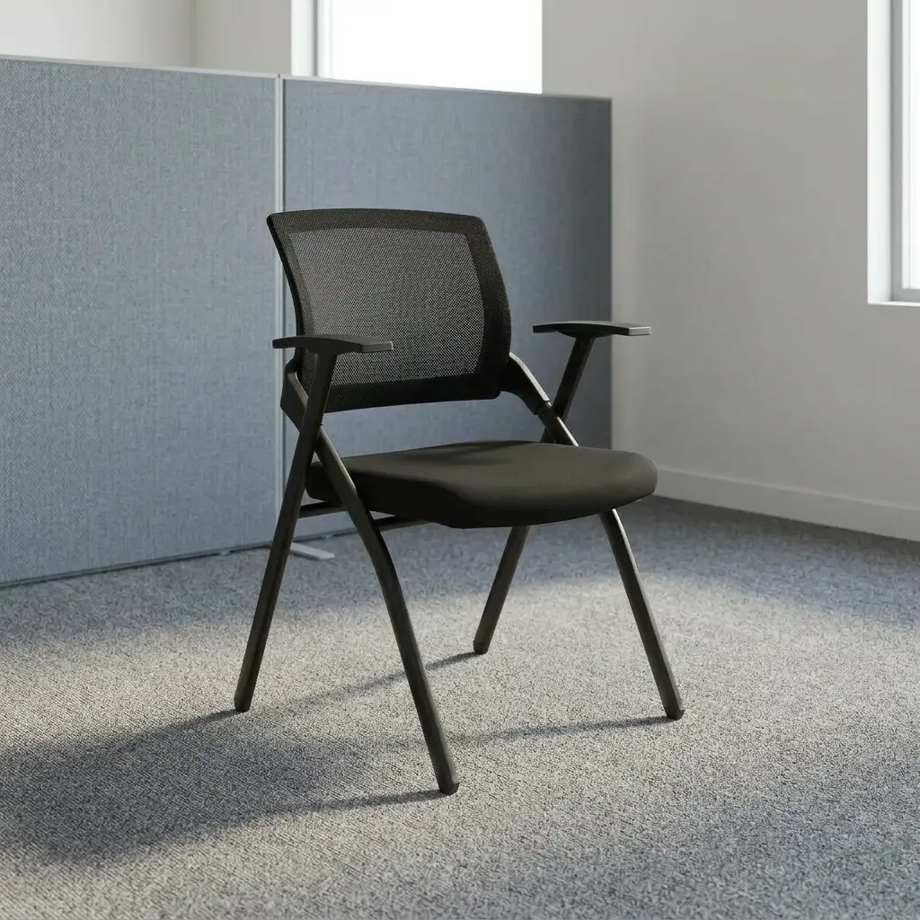 Black foldable office chair featuring a breathable black mesh backrest, contoured high-density foam seat upholstered in black fabric, integrated T-style armrests, and a collapsible matte black powder-coated metal frame.