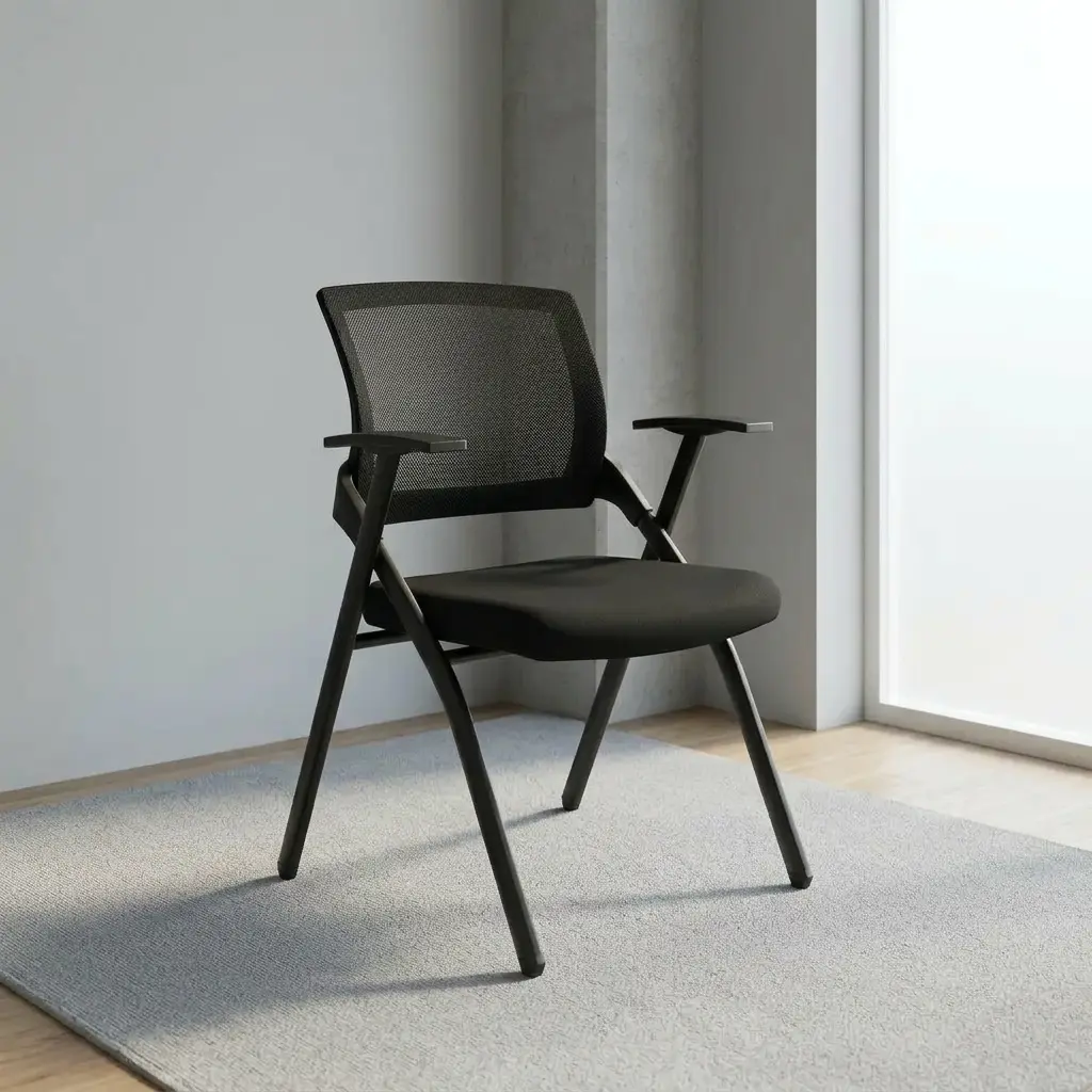 Black foldable office chair featuring a breathable black mesh backrest, contoured high-density foam seat upholstered in black fabric, integrated T-style armrests, and a collapsible matte black powder-coated metal frame.
