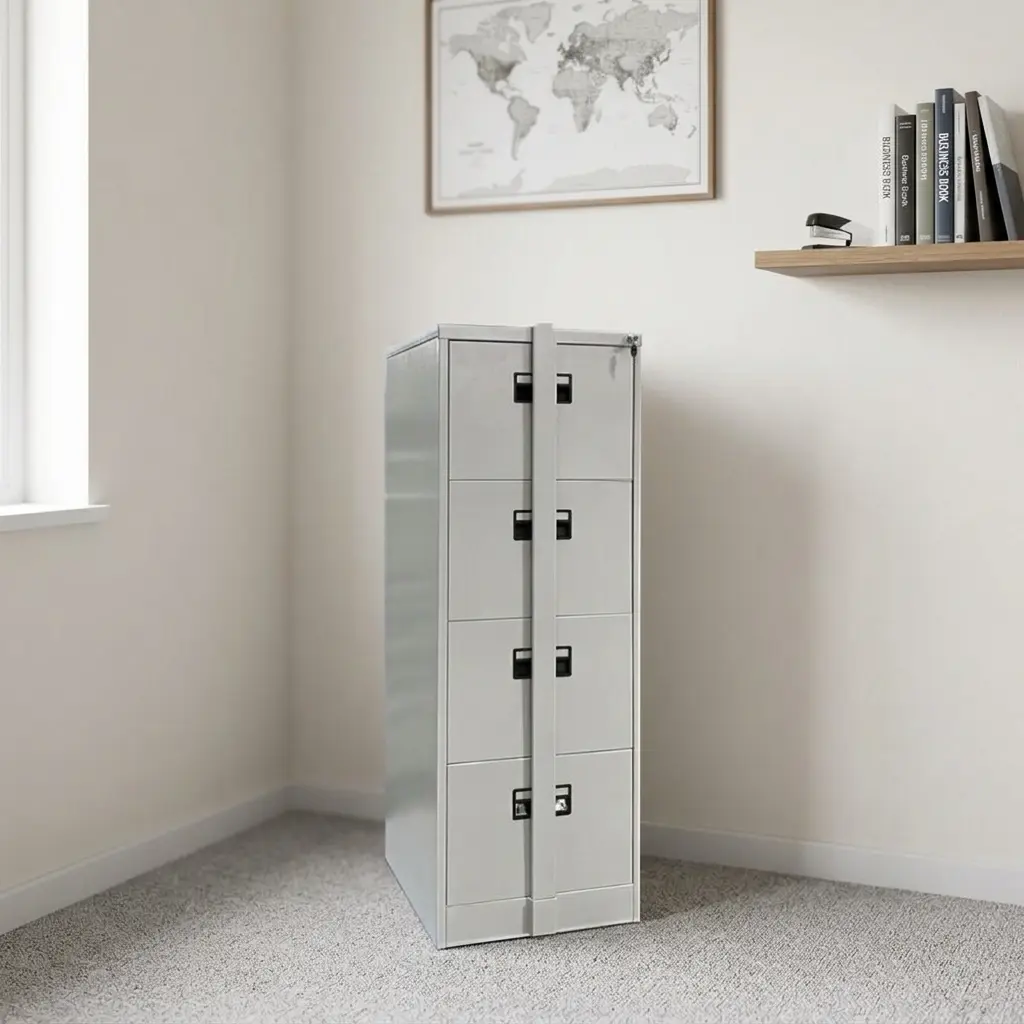File cabinet with metal bar featuring four spacious filing drawers, integrated black plastic recessed handles with label slots, a top key-lock system, a central vertical steel locking bar for extra security, and a durable light grey powder-coated steel construction.