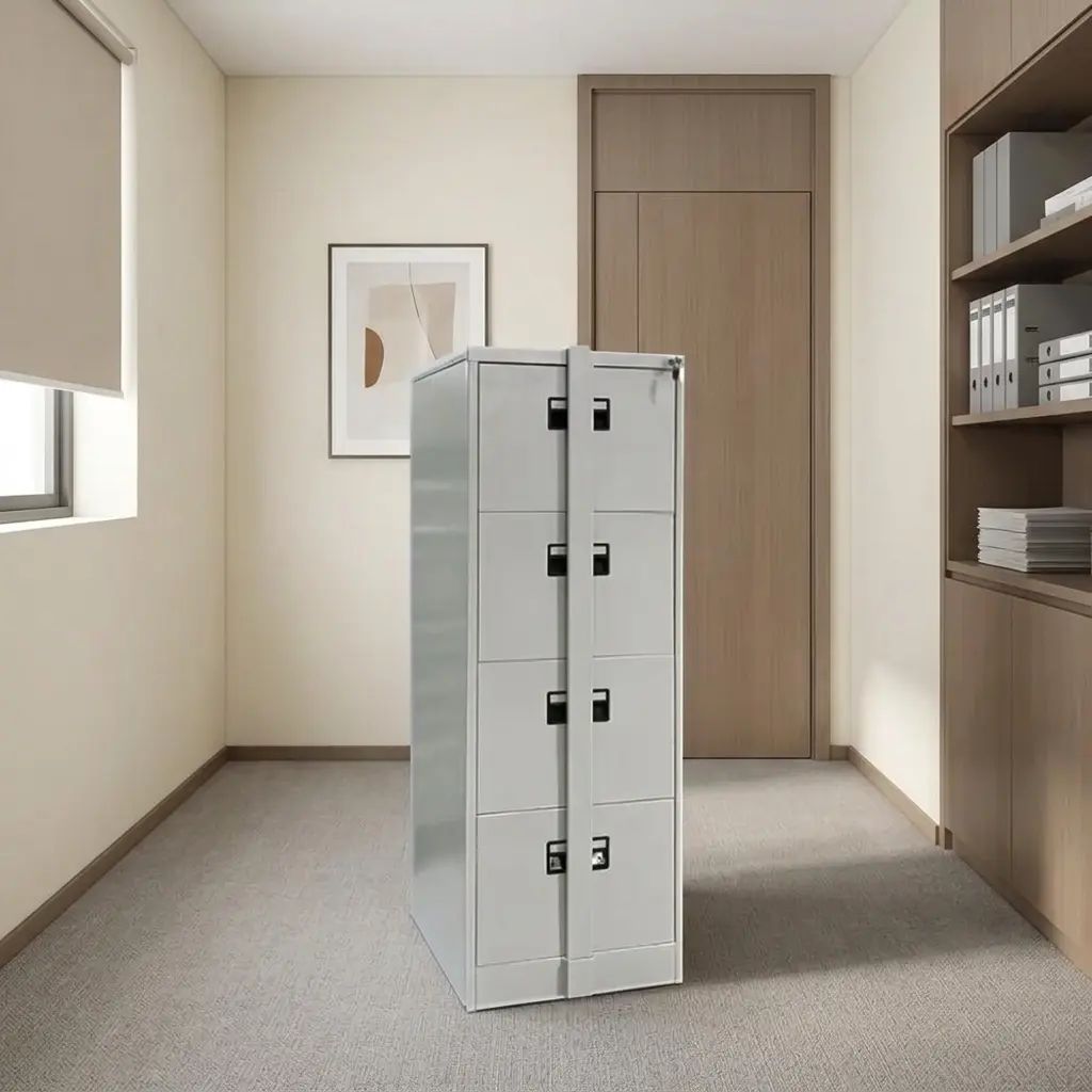 File cabinet with metal bar featuring four spacious filing drawers, integrated black plastic recessed handles with label slots, a top key-lock system, a central vertical steel locking bar for extra security, and a durable light grey powder-coated steel construction.