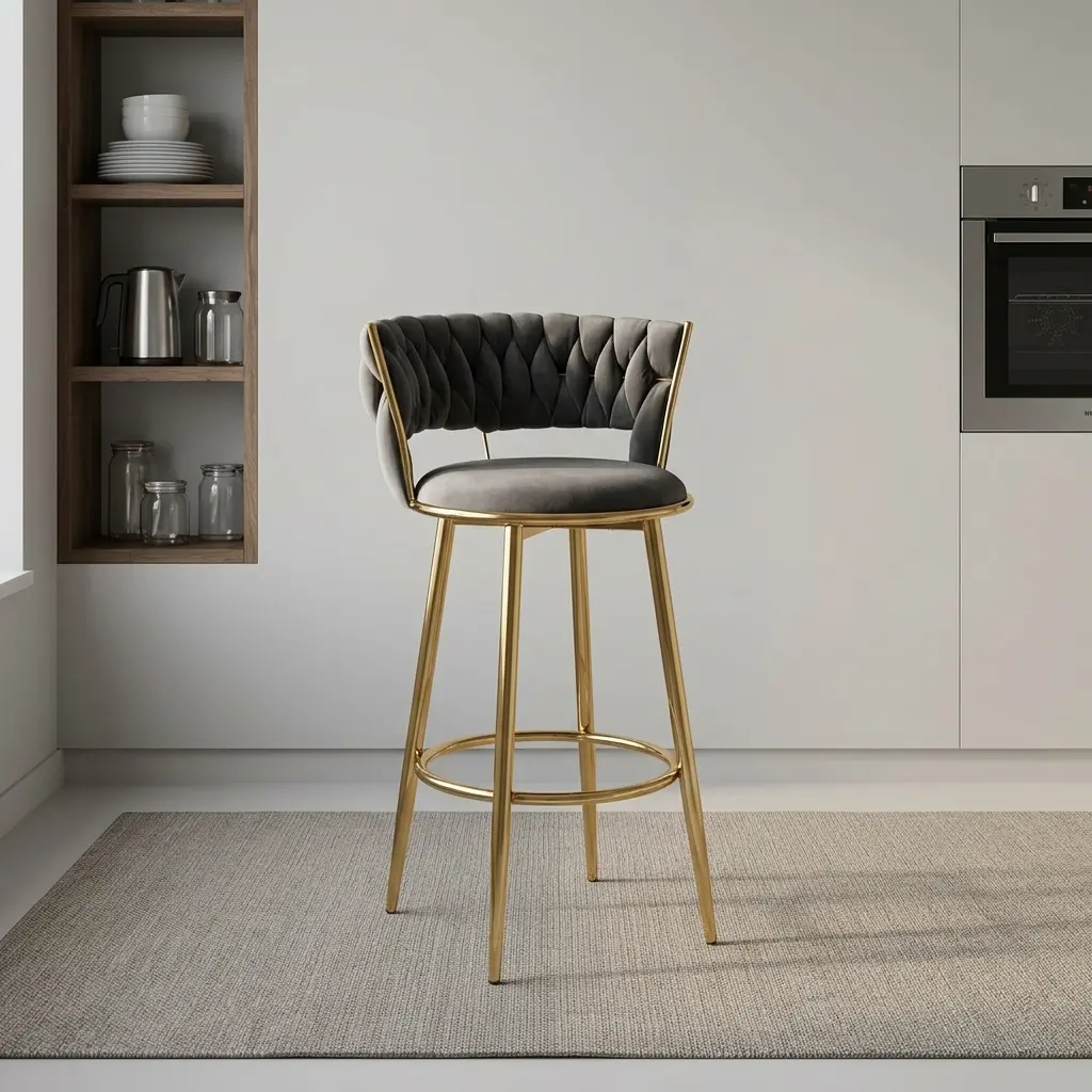 Gray fabric bar stool featuring a plush charcoal grey velvet seat, woven tufted barrel backrest with metallic gold wire framing, circular integrated footrest ring, and sleek gold-finished metal legs.