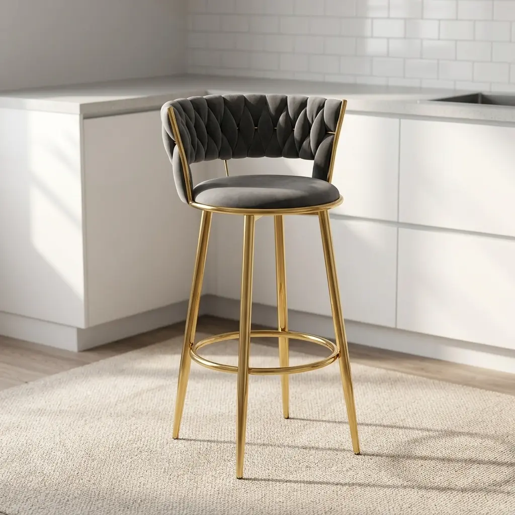 Gray fabric bar stool featuring a plush charcoal grey velvet seat, woven tufted barrel backrest with metallic gold wire framing, circular integrated footrest ring, and sleek gold-finished metal legs.