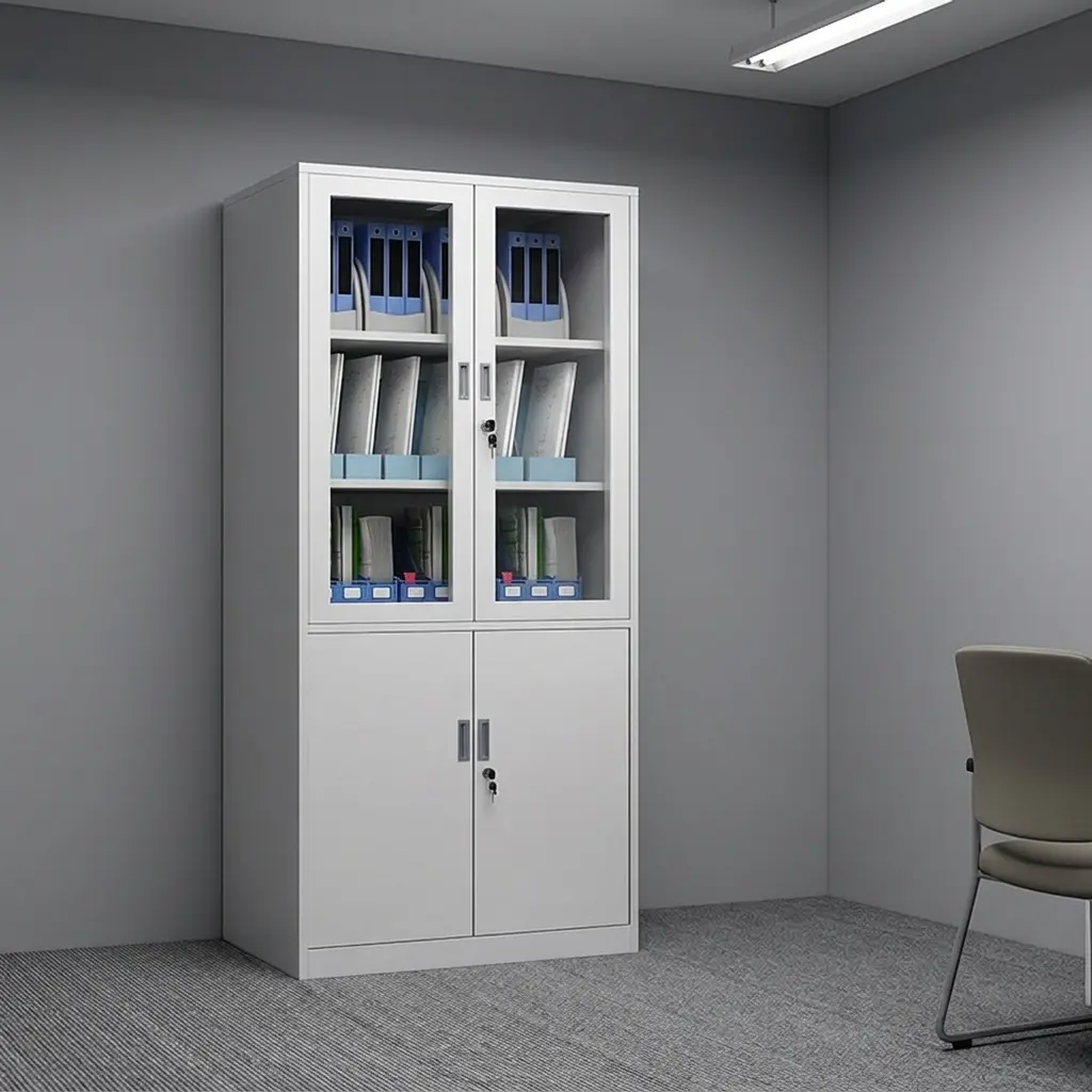 Half glass office cabinet featuring an upper compartment with dual framed tempered glass lockable swing doors, a lower compartment with dual solid steel lockable swing doors, vertical recessed handles, and a clean white powder-coated steel construction.