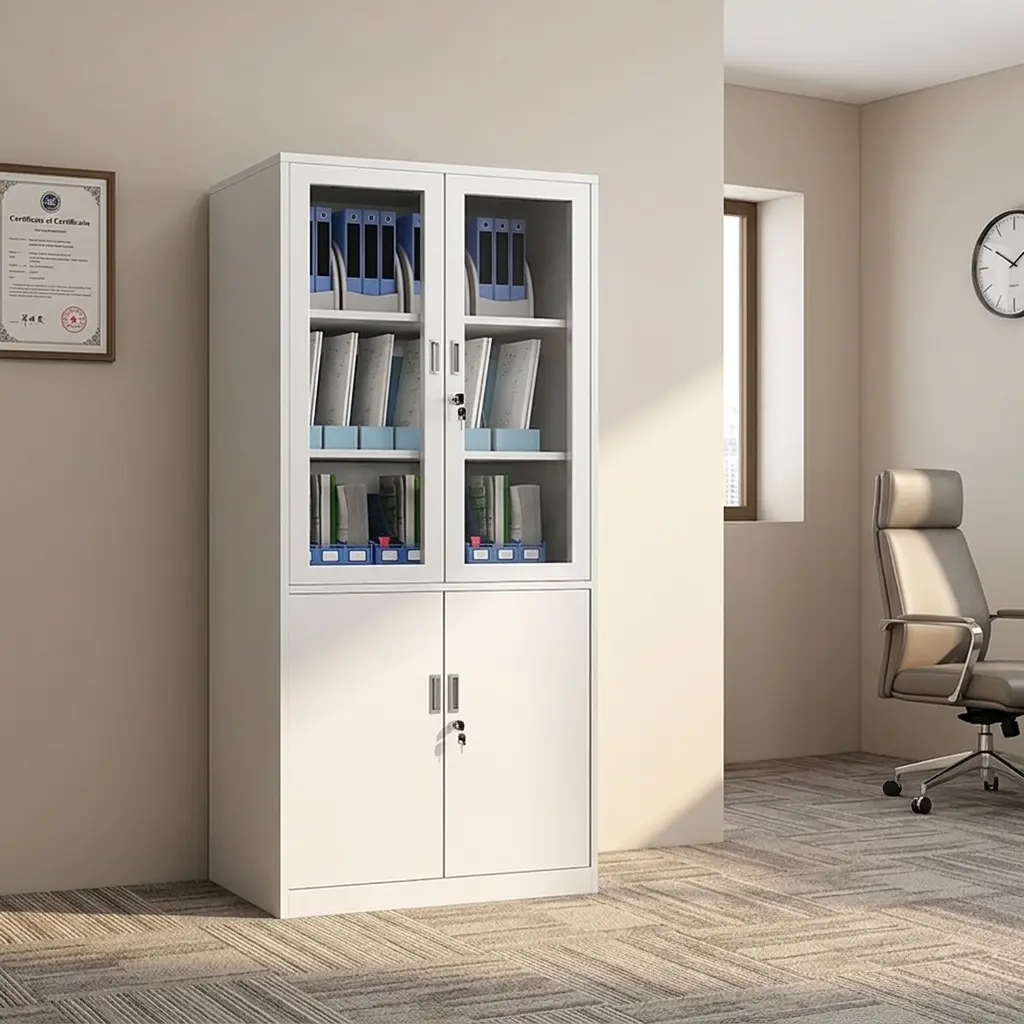 Half glass office cabinet featuring an upper compartment with dual framed tempered glass lockable swing doors, a lower compartment with dual solid steel lockable swing doors, vertical recessed handles, and a clean white powder-coated steel construction.