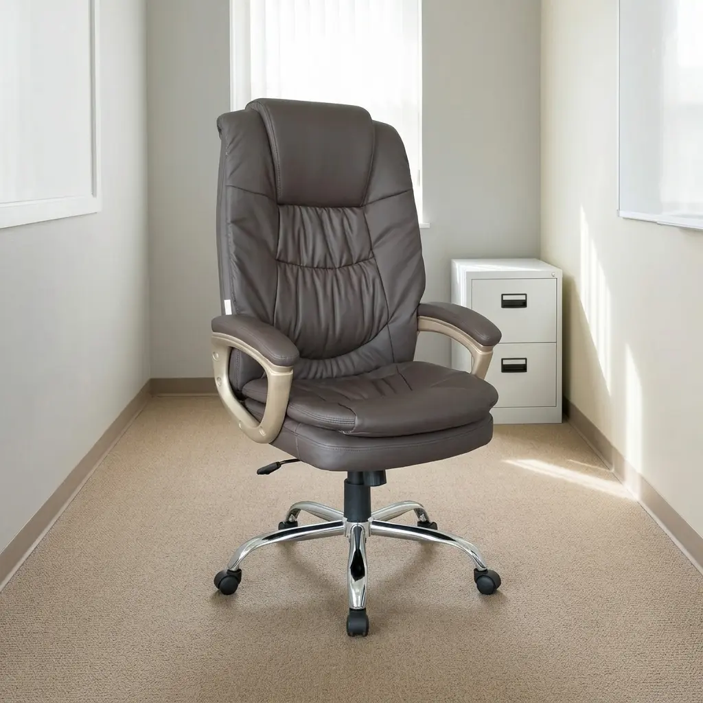 Brown leather executive office chair featuring plush dark brown bonded leather upholstery with tailored stitching, an integrated padded headrest, ergonomic padded armrests with champagnes/gold metallic accents, pneumatic height adjustment lever, and a heavy-duty polished chrome five-star base with dual-wheel casters.