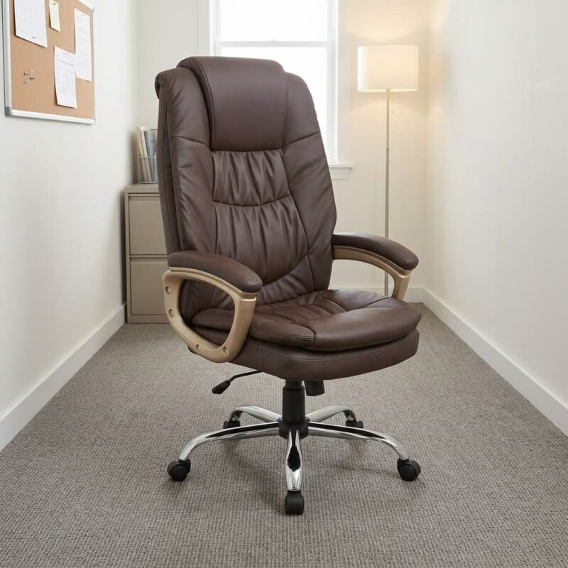 Brown leather executive office chair featuring plush dark brown bonded leather upholstery with tailored stitching, an integrated padded headrest, ergonomic padded armrests with champagnes/gold metallic accents, pneumatic height adjustment lever, and a heavy-duty polished chrome five-star base with dual-wheel casters.