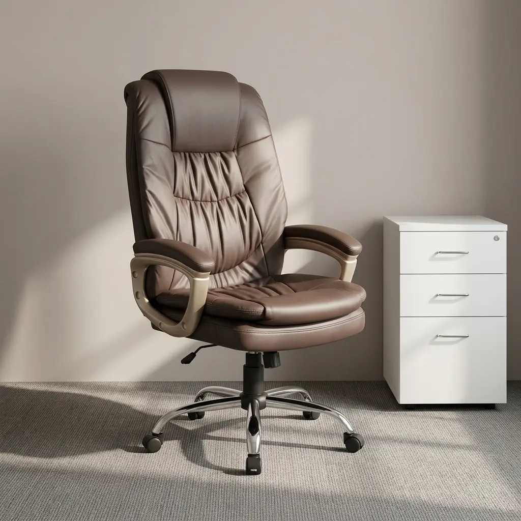 Brown leather executive office chair featuring plush dark brown bonded leather upholstery with tailored stitching, an integrated padded headrest, ergonomic padded armrests with champagnes/gold metallic accents, pneumatic height adjustment lever, and a heavy-duty polished chrome five-star base with dual-wheel casters.