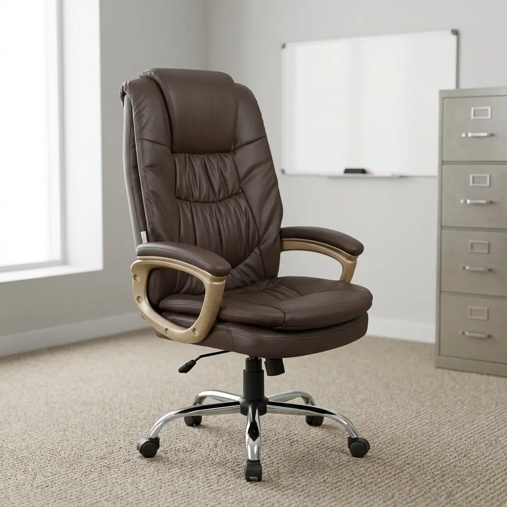 Brown leather executive office chair featuring plush dark brown bonded leather upholstery with tailored stitching, an integrated padded headrest, ergonomic padded armrests with champagnes/gold metallic accents, pneumatic height adjustment lever, and a heavy-duty polished chrome five-star base with dual-wheel casters.
