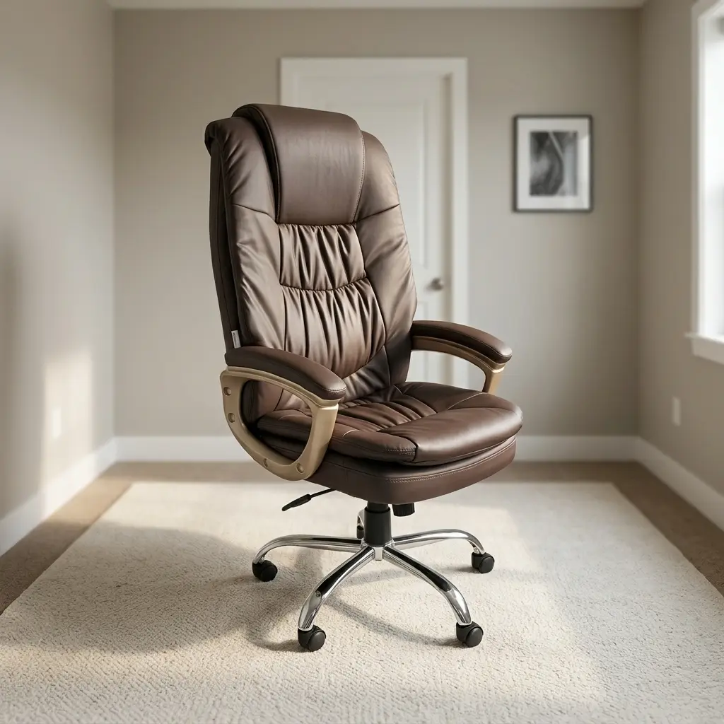 Brown leather executive office chair featuring plush dark brown bonded leather upholstery with tailored stitching, an integrated padded headrest, ergonomic padded armrests with champagnes/gold metallic accents, pneumatic height adjustment lever, and a heavy-duty polished chrome five-star base with dual-wheel casters.