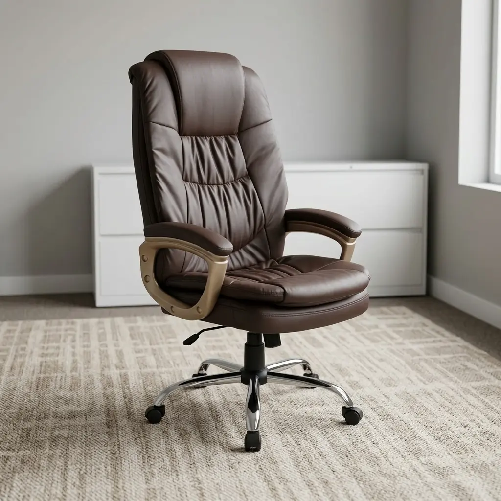 Brown leather executive office chair featuring plush dark brown bonded leather upholstery with tailored stitching, an integrated padded headrest, ergonomic padded armrests with champagnes/gold metallic accents, pneumatic height adjustment lever, and a heavy-duty polished chrome five-star base with dual-wheel casters.