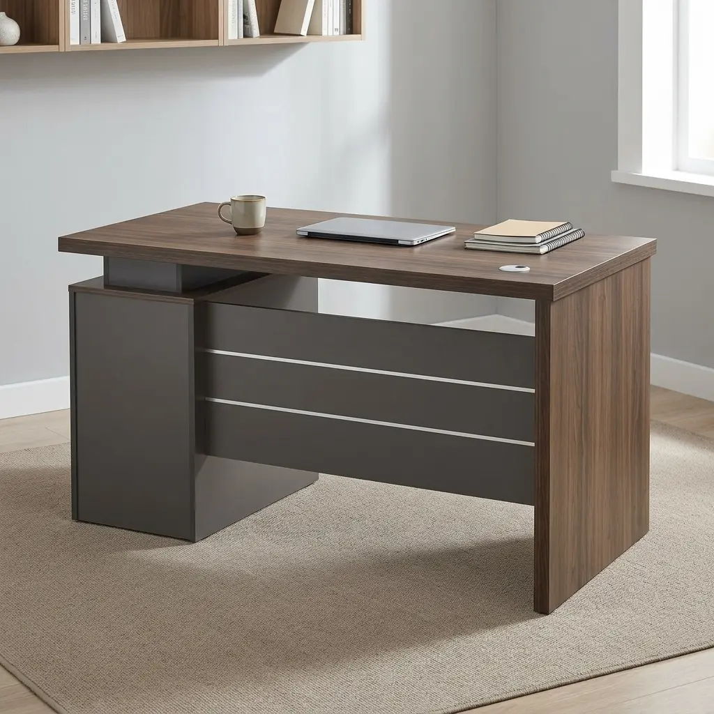 Advanced 140cm executive table featuring a rich walnut wood-grain desktop, integrated desktop cable grommet, a floating top design supported by a dark grey modesty panel with horizontal metallic accent stripes, and an attached side pedestal with three lockable storage drawers.