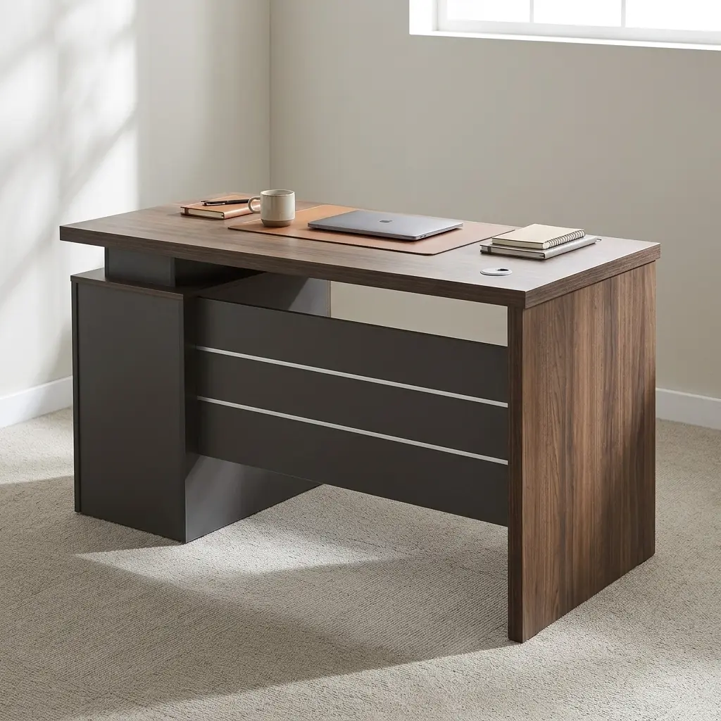 Advanced 140cm executive table featuring a rich walnut wood-grain desktop, integrated desktop cable grommet, a floating top design supported by a dark grey modesty panel with horizontal metallic accent stripes, and an attached side pedestal with three lockable storage drawers.