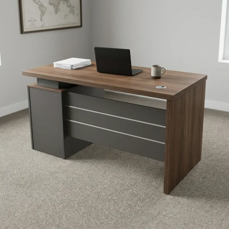 Advanced 140cm executive table featuring a rich walnut wood-grain desktop, integrated desktop cable grommet, a floating top design supported by a dark grey modesty panel with horizontal metallic accent stripes, and an attached side pedestal with three lockable storage drawers.