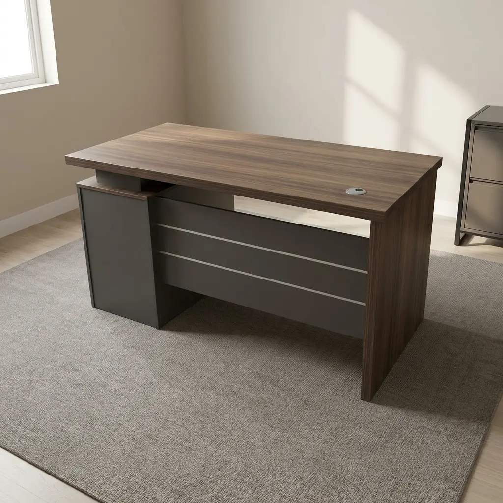 Advanced 140cm executive table featuring a rich walnut wood-grain desktop, integrated desktop cable grommet, a floating top design supported by a dark grey modesty panel with horizontal metallic accent stripes, and an attached side pedestal with three lockable storage drawers.