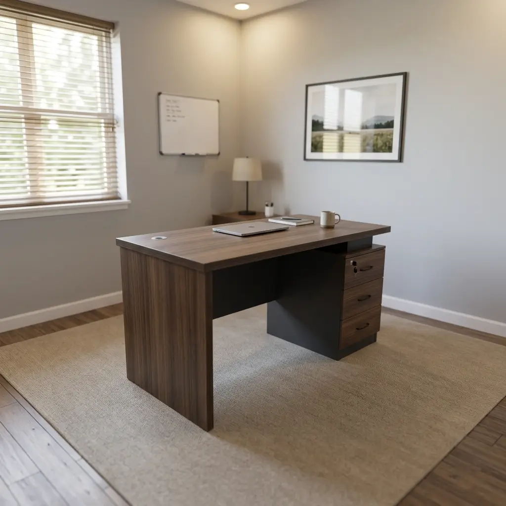 Advanced 140cm executive table featuring a rich walnut wood-grain desktop, integrated desktop cable grommet, a floating top design supported by a dark grey modesty panel with horizontal metallic accent stripes, and an attached side pedestal with three lockable storage drawers.