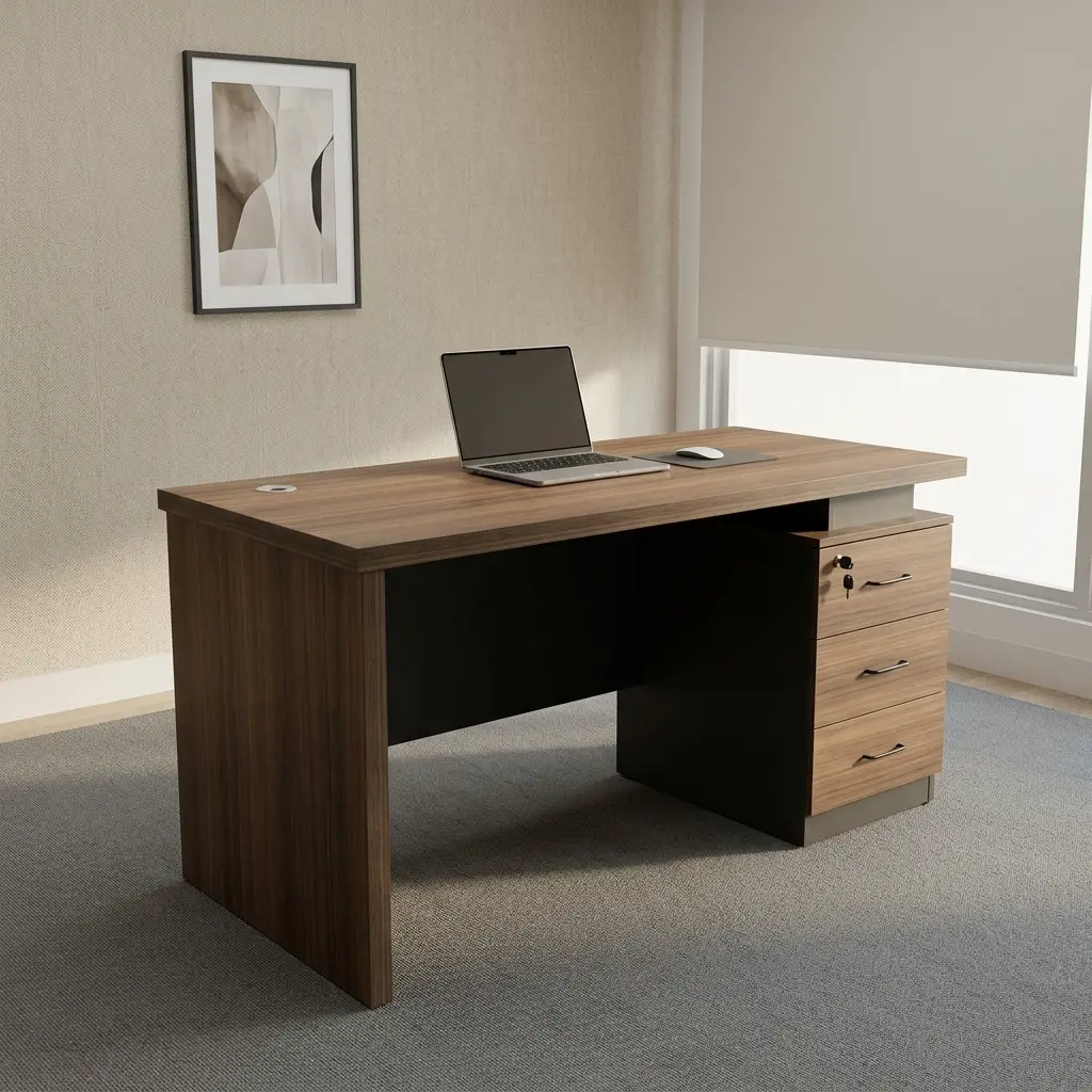 Advanced 140cm executive table featuring a rich walnut wood-grain desktop, integrated desktop cable grommet, a floating top design supported by a dark grey modesty panel with horizontal metallic accent stripes, and an attached side pedestal with three lockable storage drawers.