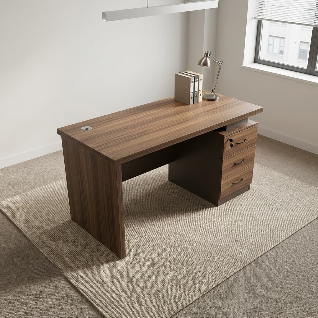 Advanced 140cm executive table featuring a rich walnut wood-grain desktop, integrated desktop cable grommet, a floating top design supported by a dark grey modesty panel with horizontal metallic accent stripes, and an attached side pedestal with three lockable storage drawers.
