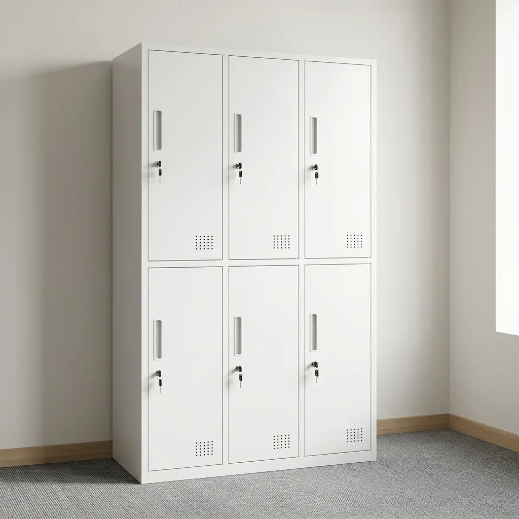 6-door office storage cabinet featuring six individual lockable steel doors arranged in a 3x2 tier layout, each equipped with bottom ventilation grilles, vertical recessed pulls, individual security key locks, and a durable off-white powder-coated metal frame.