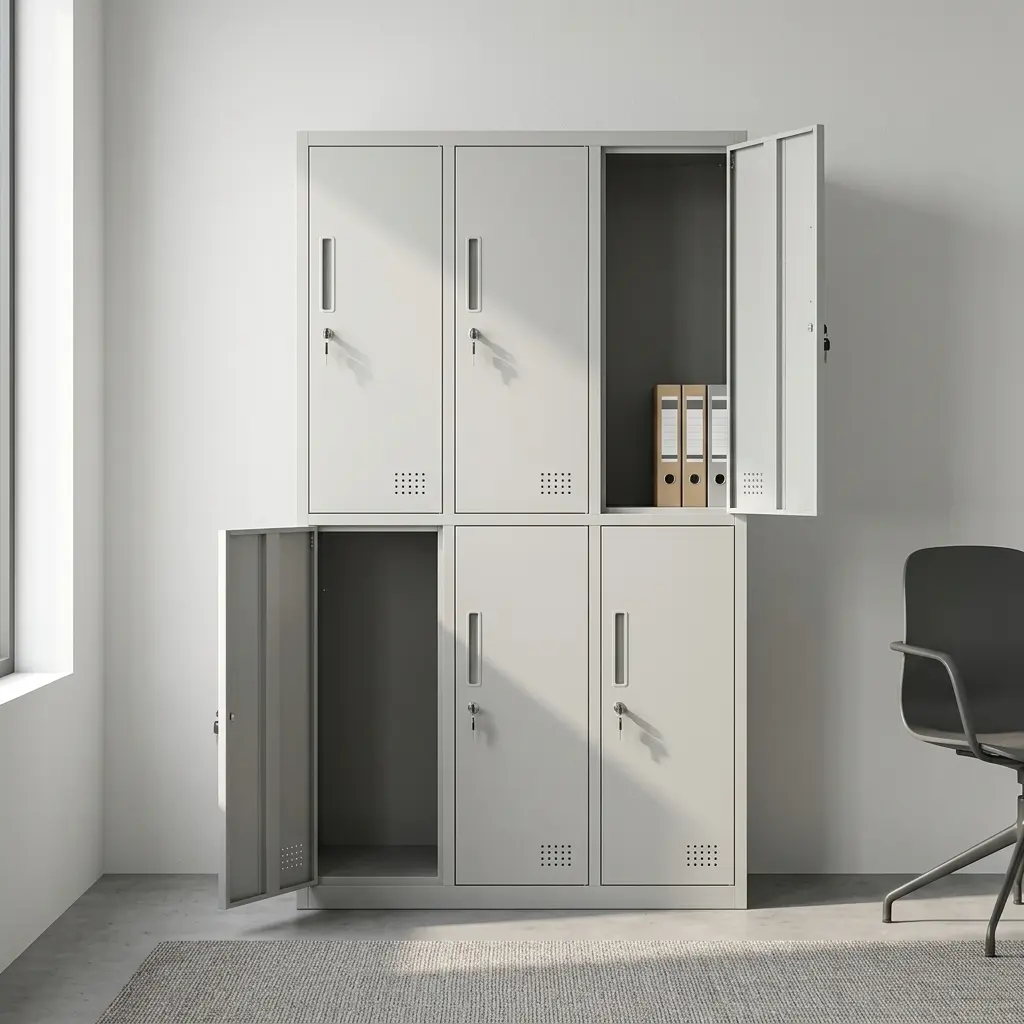 6-door office storage cabinet featuring six individual lockable steel doors arranged in a 3x2 tier layout, each equipped with bottom ventilation grilles, vertical recessed pulls, individual security key locks, and a durable off-white powder-coated metal frame.
