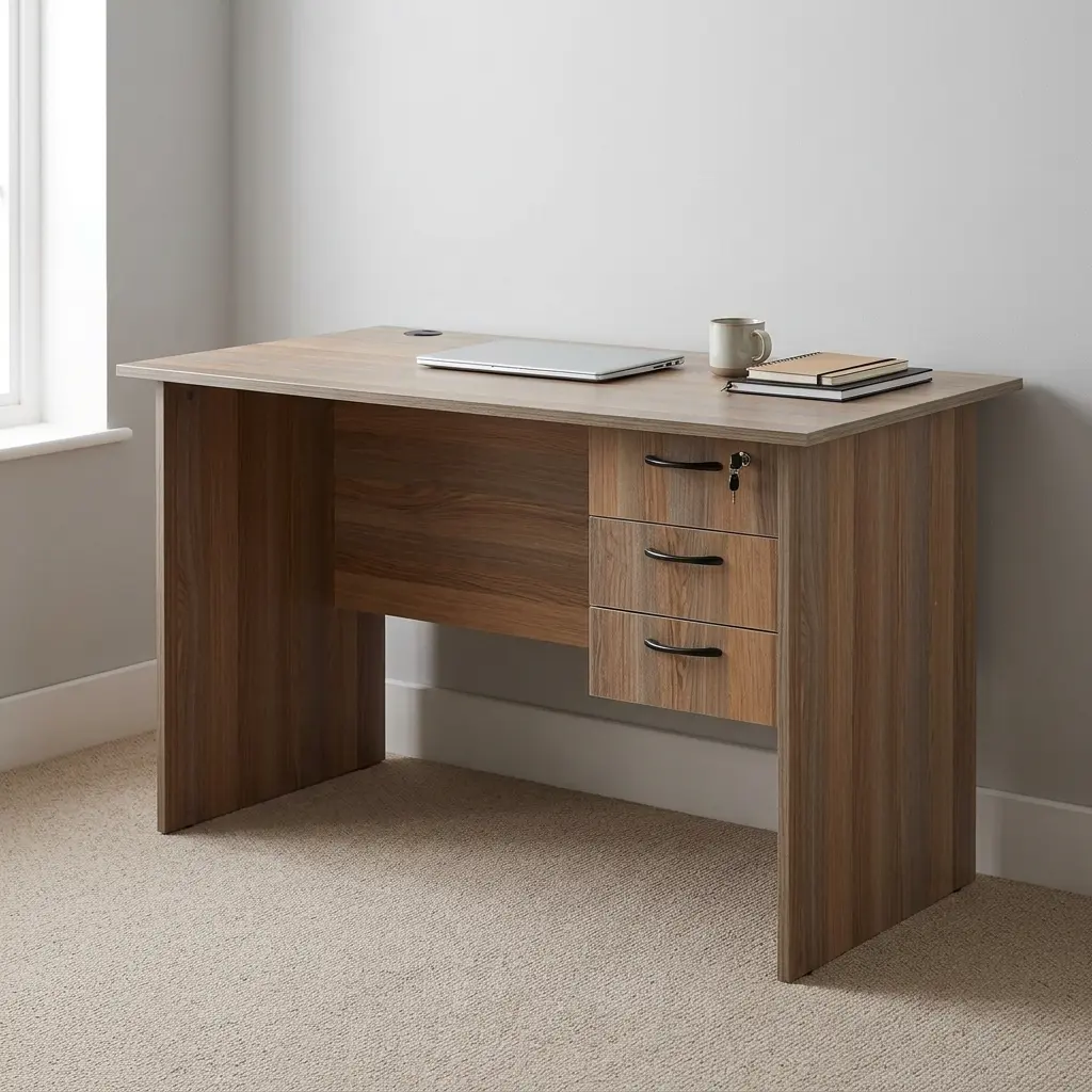 1.0m office study desk featuring a light natural oak wood-grain finish laminate desktop, integrated cable management grommet, matching modesty panel, and a built-in right-side pedestal with three drawers, dark curved metal handles, and a top-drawer safety key lock.