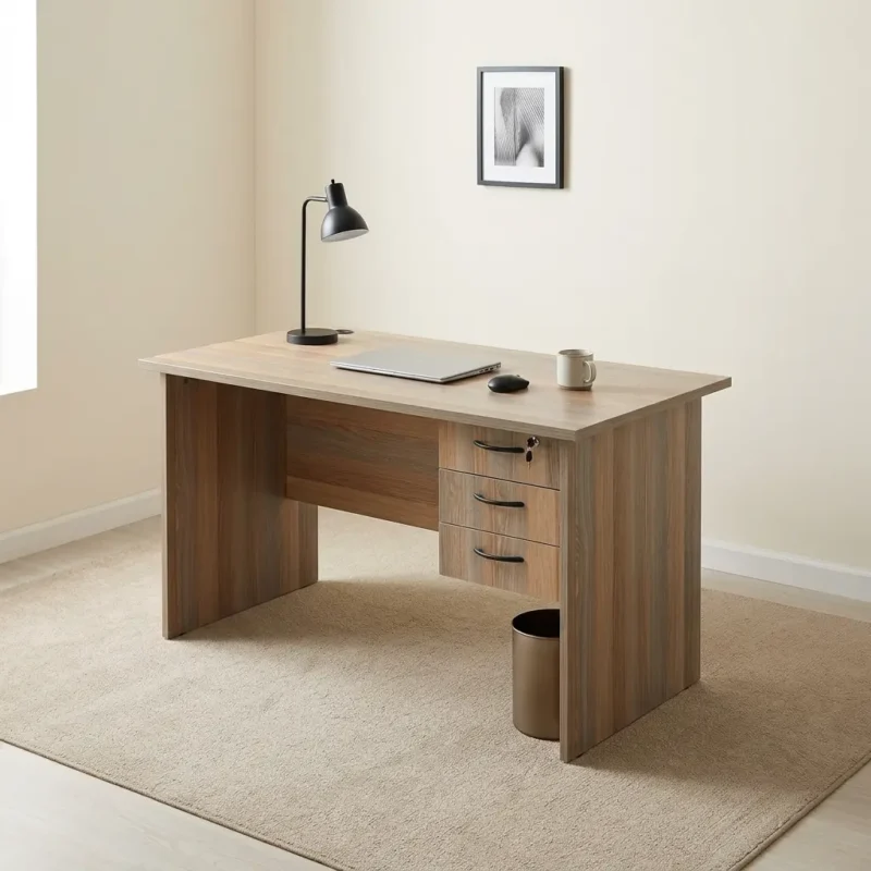 1.0m office study desk featuring a light natural oak wood-grain finish laminate desktop, integrated cable management grommet, matching modesty panel, and a built-in right-side pedestal with three drawers, dark curved metal handles, and a top-drawer safety key lock.