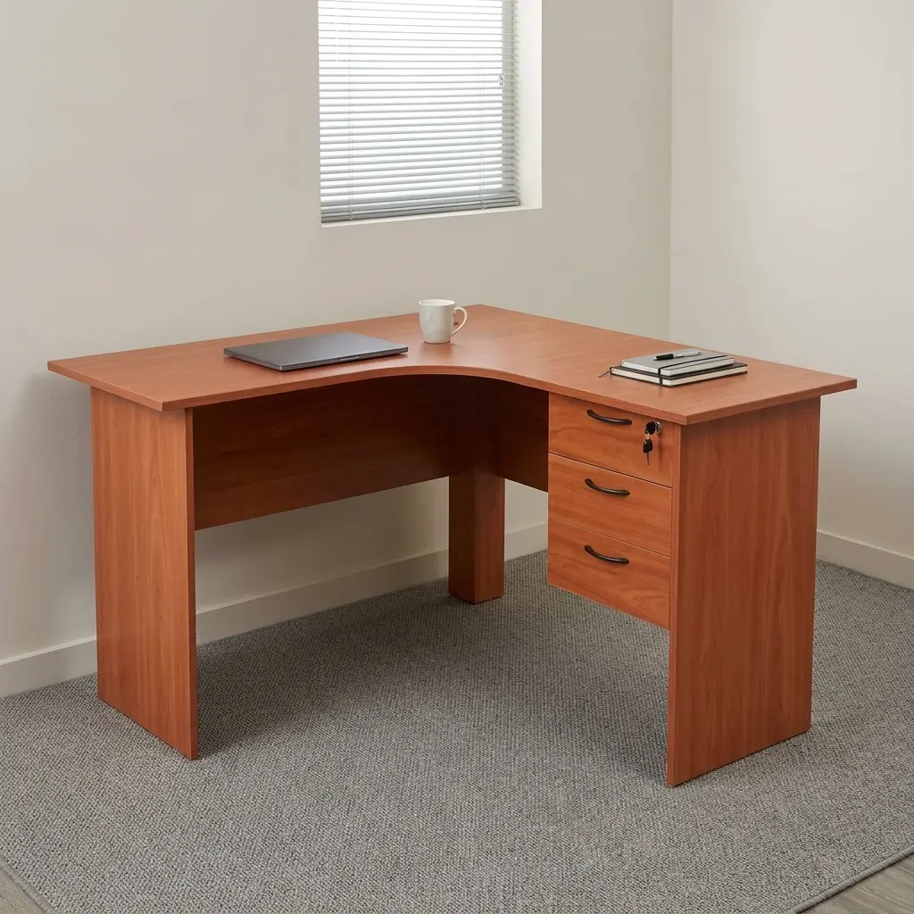 1.2m curved office desk featuring a warm cherry wood-grain laminate finish, an ergonomic curved corner tabletop design, an integrated full modesty panel, and a built-in three-drawer storage pedestal with black curved handles and a central key lock on the top drawer.