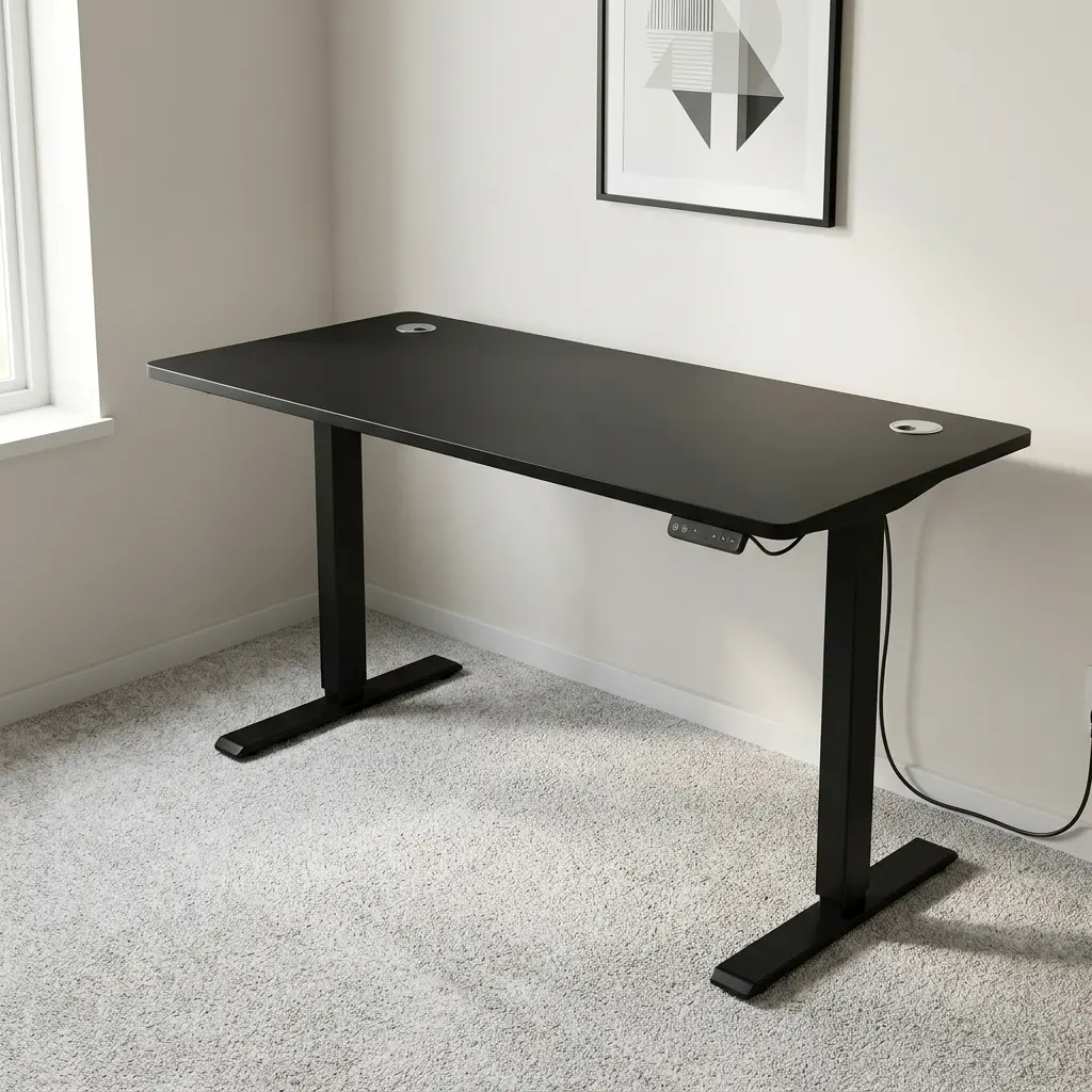 1.2m electric height-adjustable table featuring a sleek matte black rectangular tabletop, a circular cable pass-through grommet, an under-desk digital control panel, integrated cable management routing, and a heavy-duty black motorized T-leg steel frame with flat stabilizer feet.