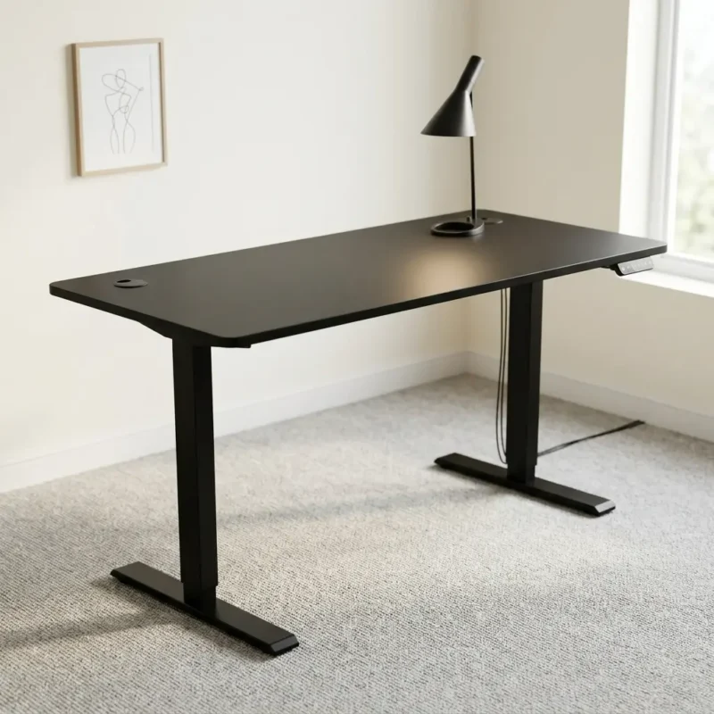 1.2m electric height-adjustable table featuring a sleek matte black rectangular tabletop, a circular cable pass-through grommet, an under-desk digital control panel, integrated cable management routing, and a heavy-duty black motorized T-leg steel frame with flat stabilizer feet.