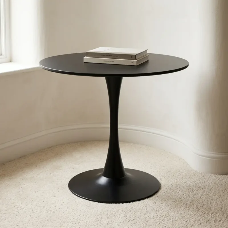 Modern round dining table featuring a sleek, minimalist all-black design, a smooth circular tabletop, and a sturdy tulip-style pedestal base with a flared round foot.