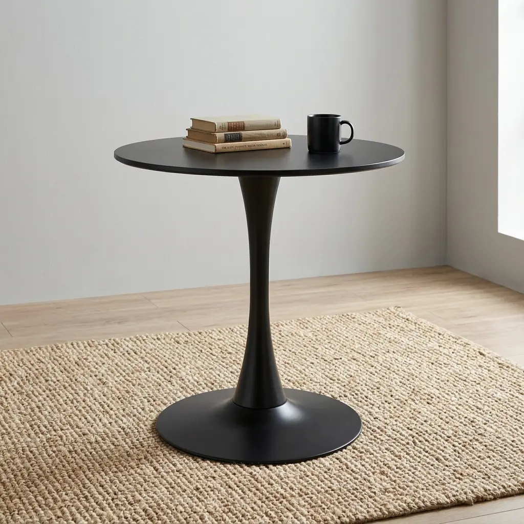 Modern round dining table featuring a sleek, minimalist all-black design, a smooth circular tabletop, and a sturdy tulip-style pedestal base with a flared round foot.