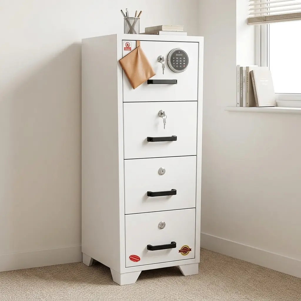 4-drawer fireproof file cabinet featuring a heavy-duty insulated white steel construction, four vertically stacked locking drawers with black horizontal pull handles, individual key locks on each drawer, and a primary combination dial lock with a master key lock on the top drawer for high-security document protection.