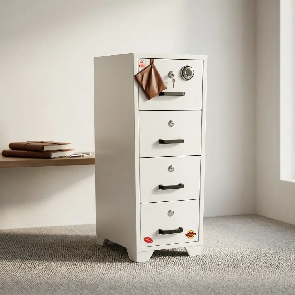 4-drawer fireproof file cabinet featuring a heavy-duty insulated white steel construction, four vertically stacked locking drawers with black horizontal pull handles, individual key locks on each drawer, and a primary combination dial lock with a master key lock on the top drawer for high-security document protection.