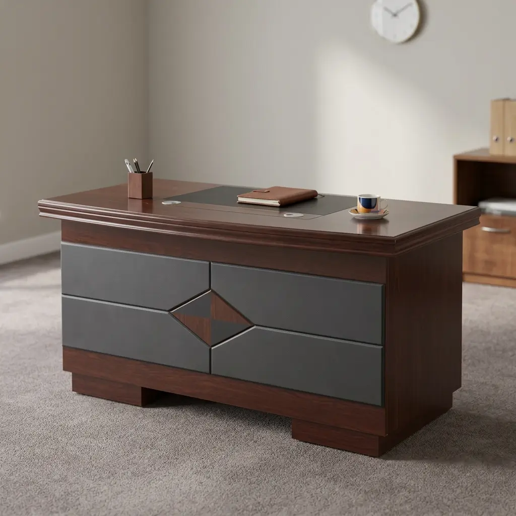 Executive 120cm office desk featuring a classic rich mahogany wood-grain finish, an inlaid dark leatherette writing pad surface, integrated cable management grommets, a pull-out central keyboard tray, dual pedestal storage comprising a three-drawer cabinet and a single-door cabinet with recessed handles, and a decorative front modesty panel with black and diamond-pattern wood accents.