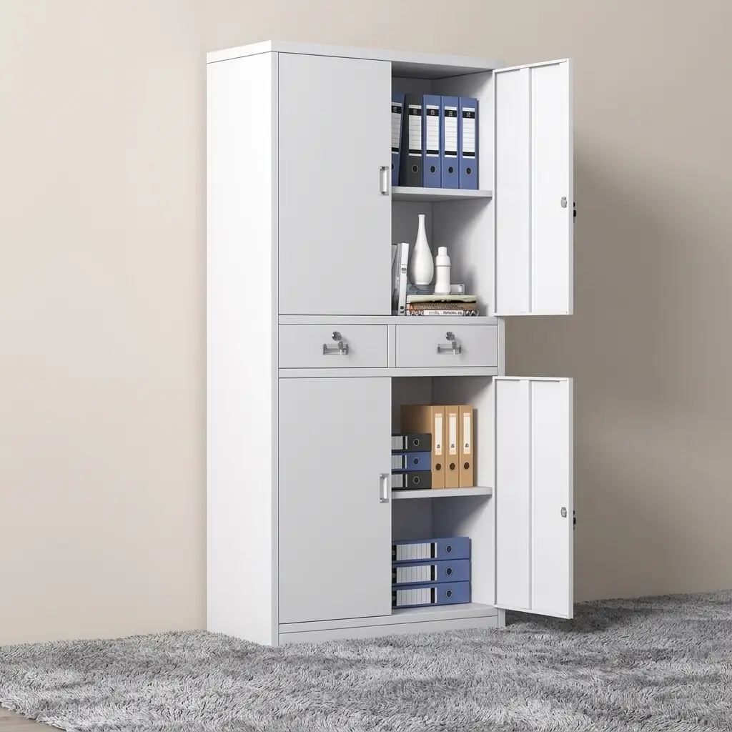 Lockable 4-door office cabinet featuring durable white powder-coated steel construction, upper and lower double-door storage compartments with interior shelving, two central lockable drawers with sleek metal handles, and individual key locks on each door.