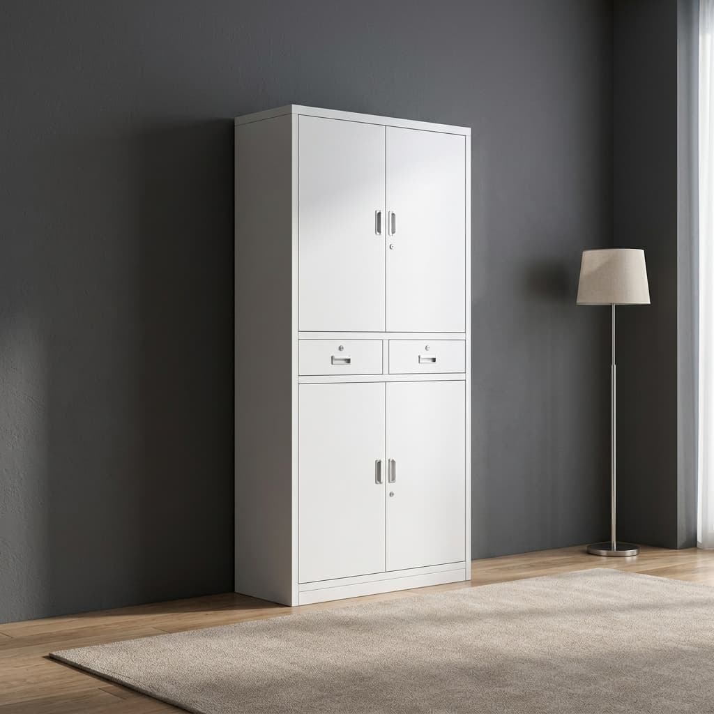 Lockable 4-door office cabinet featuring durable white powder-coated steel construction, upper and lower double-door storage compartments with interior shelving, two central lockable drawers with sleek metal handles, and individual key locks on each door.