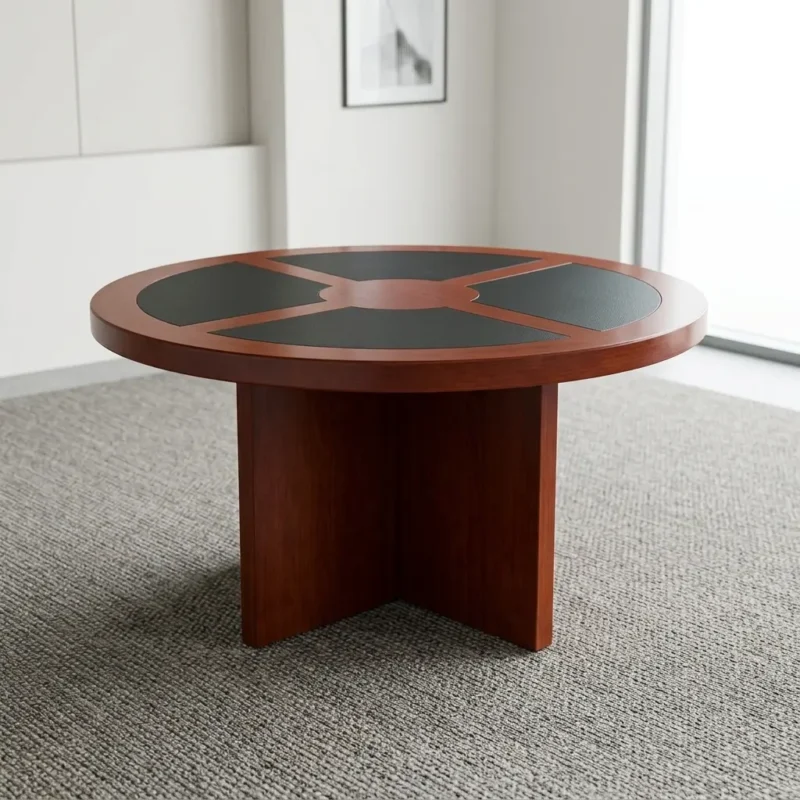 Round meeting conference table featuring a rich mahogany wood-grain finish, four inlaid dark grey leatherette writing panels surrounding a central wood medallion, and a sturdy cross-shaped pedestal base.