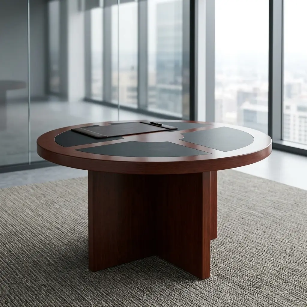 Round meeting conference table featuring a rich mahogany wood-grain finish, four inlaid dark grey leatherette writing panels surrounding a central wood medallion, and a sturdy cross-shaped pedestal base.