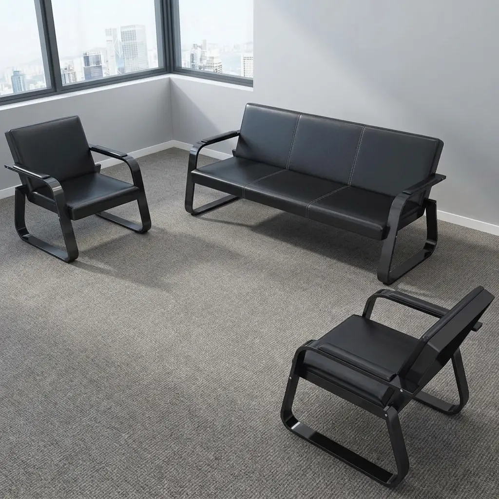 5-seater reception sofa set featuring smooth black leatherette upholstery with contrast white stitching, including one 3-seater bench sofa and two matching single armchairs, built on curved black bentwood cantilever frames with integrated armrests.