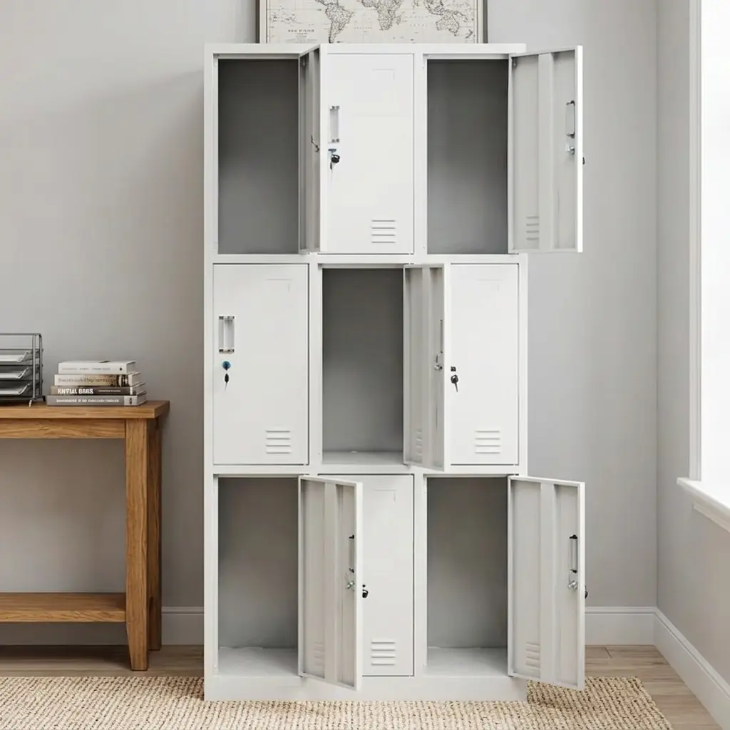 Steel 9-Locker Filing Cabinet Improve workplace organization with this Steel 9-Locker Filing Cabinet, designed to provide secure, practical, and efficient storage. It is ideal for offices, schools, hospitals, banks, institutions, government departments, and commercial workplaces. Its nine-locker configuration provides dedicated compartments for files, documents, personal belongings, and office supplies. Built from durable steel with a sturdy supporting structure, this steel 9-locker filing cabinet is designed for regular professional use. As a result, it provides reliable performance and excellent long-term value. Nine Individual Lockers The nine separate compartments provide convenient storage for files, folders, stationery, documents, and personal belongings. Consequently, different employees or departments can have designated storage spaces, making workplace organization easier. Secure Enclosed Storage The individual locker doors keep stored items enclosed and organized. Therefore, users can separate personal belongings, office materials, and documents while maintaining a neat workspace. Durable Steel Construction Built from strong steel, this 9-locker filing cabinet provides dependable stability during everyday use. Its robust construction supports frequent access while maintaining a professional appearance. Organized File Management The multiple lockers allow users to categorize items by employee, department, project, or document type. As a result, files and workplace essentials can be located more efficiently. Space-Efficient Design The vertical configuration provides useful storage capacity while making efficient use of available floor space. Consequently, the cabinet fits conveniently in offices, staff rooms, corridors, schools, institutions, and commercial facilities. Professional Appearance The clean steel finish complements office desks, workstations, filing units, reception furniture, and modern workplace interiors. Therefore, it helps create a coordinated and organized professional environment. Easy Maintenance The smooth steel surface is easy to wipe clean. Regular cleaning helps remove dust and everyday marks, keeping the cabinet neat and presentable. Consequently, it remains practical for frequently used workplaces. Flexible Storage Solution The individual compartments can be assigned to employees, teams, departments, or specific storage categories. Therefore, organizations can create a structured filing system that supports efficient everyday operations. Versatile Applications This steel 9-compartment filing cabinet is suitable for offices, schools, hospitals, banks, government departments, institutions, staff rooms, and commercial workplaces. As a result, it provides flexible storage for different professional environments. Practical Everyday Organization The cabinet helps reduce clutter by providing dedicated spaces for documents and belongings. Consequently, users can maintain cleaner desks and improve access to frequently used materials. Key Features Premium steel 9-locker filing cabinet Nine individual storage compartments Durable steel construction Enclosed storage spaces Strong supporting frame Space-efficient vertical design Easy-to-clean surface Professional appearance Benefits Provides organized individual storage Supports efficient file management Helps reduce workplace clutter Maximizes available floor space Separates documents and belongings Suitable for multiple users Easy to clean and maintain Offers dependable long-term durability Ideal for offices, schools, hospitals, banks, government departments, institutions, staff rooms, and commercial workplaces.
