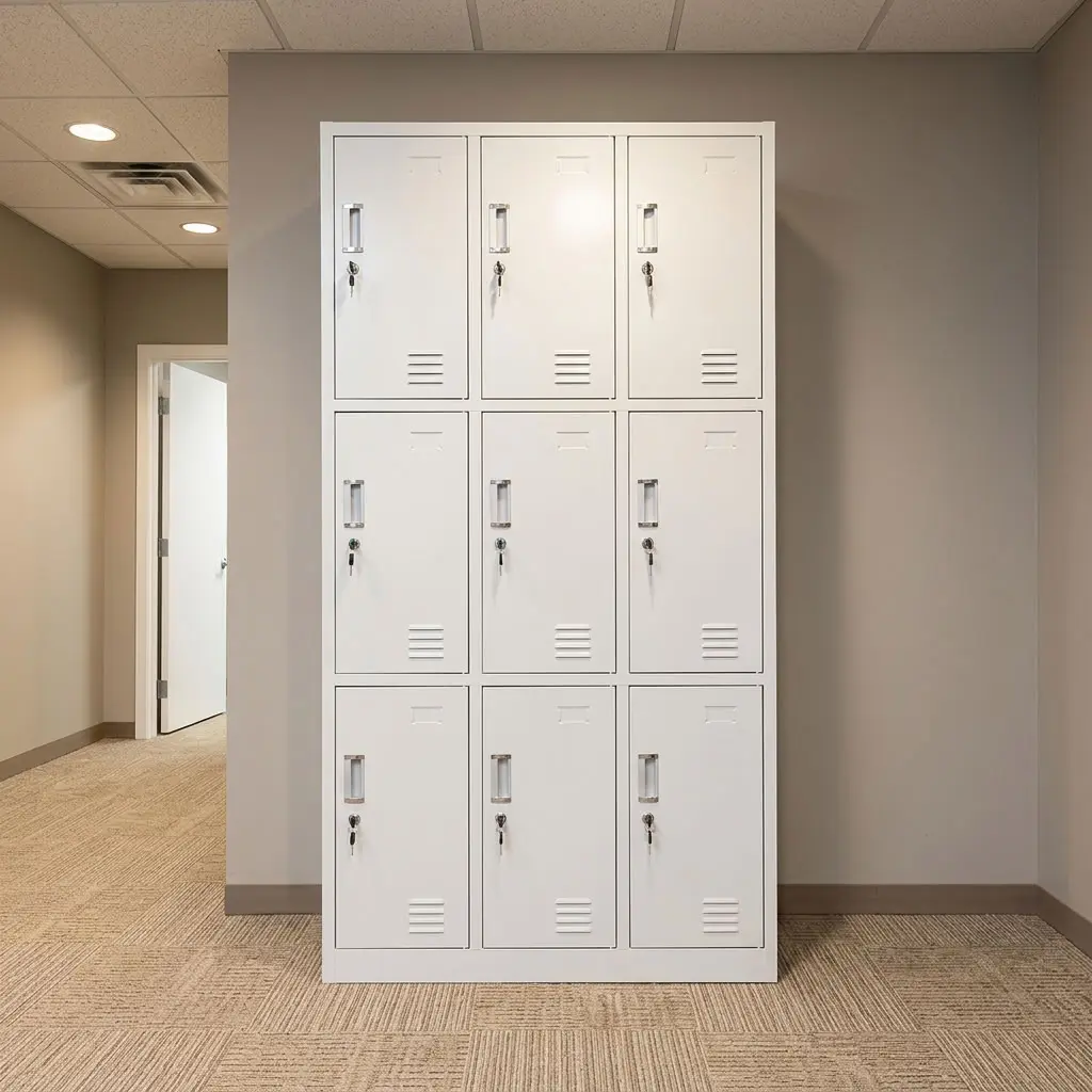 Steel 9-Locker Filing Cabinet Improve workplace organization with this Steel 9-Locker Filing Cabinet, designed to provide secure, practical, and efficient storage. It is ideal for offices, schools, hospitals, banks, institutions, government departments, and commercial workplaces. Its nine-locker configuration provides dedicated compartments for files, documents, personal belongings, and office supplies. Built from durable steel with a sturdy supporting structure, this steel 9-locker filing cabinet is designed for regular professional use. As a result, it provides reliable performance and excellent long-term value. Nine Individual Lockers The nine separate compartments provide convenient storage for files, folders, stationery, documents, and personal belongings. Consequently, different employees or departments can have designated storage spaces, making workplace organization easier. Secure Enclosed Storage The individual locker doors keep stored items enclosed and organized. Therefore, users can separate personal belongings, office materials, and documents while maintaining a neat workspace. Durable Steel Construction Built from strong steel, this 9-locker filing cabinet provides dependable stability during everyday use. Its robust construction supports frequent access while maintaining a professional appearance. Organized File Management The multiple lockers allow users to categorize items by employee, department, project, or document type. As a result, files and workplace essentials can be located more efficiently. Space-Efficient Design The vertical configuration provides useful storage capacity while making efficient use of available floor space. Consequently, the cabinet fits conveniently in offices, staff rooms, corridors, schools, institutions, and commercial facilities. Professional Appearance The clean steel finish complements office desks, workstations, filing units, reception furniture, and modern workplace interiors. Therefore, it helps create a coordinated and organized professional environment. Easy Maintenance The smooth steel surface is easy to wipe clean. Regular cleaning helps remove dust and everyday marks, keeping the cabinet neat and presentable. Consequently, it remains practical for frequently used workplaces. Flexible Storage Solution The individual compartments can be assigned to employees, teams, departments, or specific storage categories. Therefore, organizations can create a structured filing system that supports efficient everyday operations. Versatile Applications This steel 9-compartment filing cabinet is suitable for offices, schools, hospitals, banks, government departments, institutions, staff rooms, and commercial workplaces. As a result, it provides flexible storage for different professional environments. Practical Everyday Organization The cabinet helps reduce clutter by providing dedicated spaces for documents and belongings. Consequently, users can maintain cleaner desks and improve access to frequently used materials. Key Features Premium steel 9-locker filing cabinet Nine individual storage compartments Durable steel construction Enclosed storage spaces Strong supporting frame Space-efficient vertical design Easy-to-clean surface Professional appearance Benefits Provides organized individual storage Supports efficient file management Helps reduce workplace clutter Maximizes available floor space Separates documents and belongings Suitable for multiple users Easy to clean and maintain Offers dependable long-term durability Ideal for offices, schools, hospitals, banks, government departments, institutions, staff rooms, and commercial workplaces.